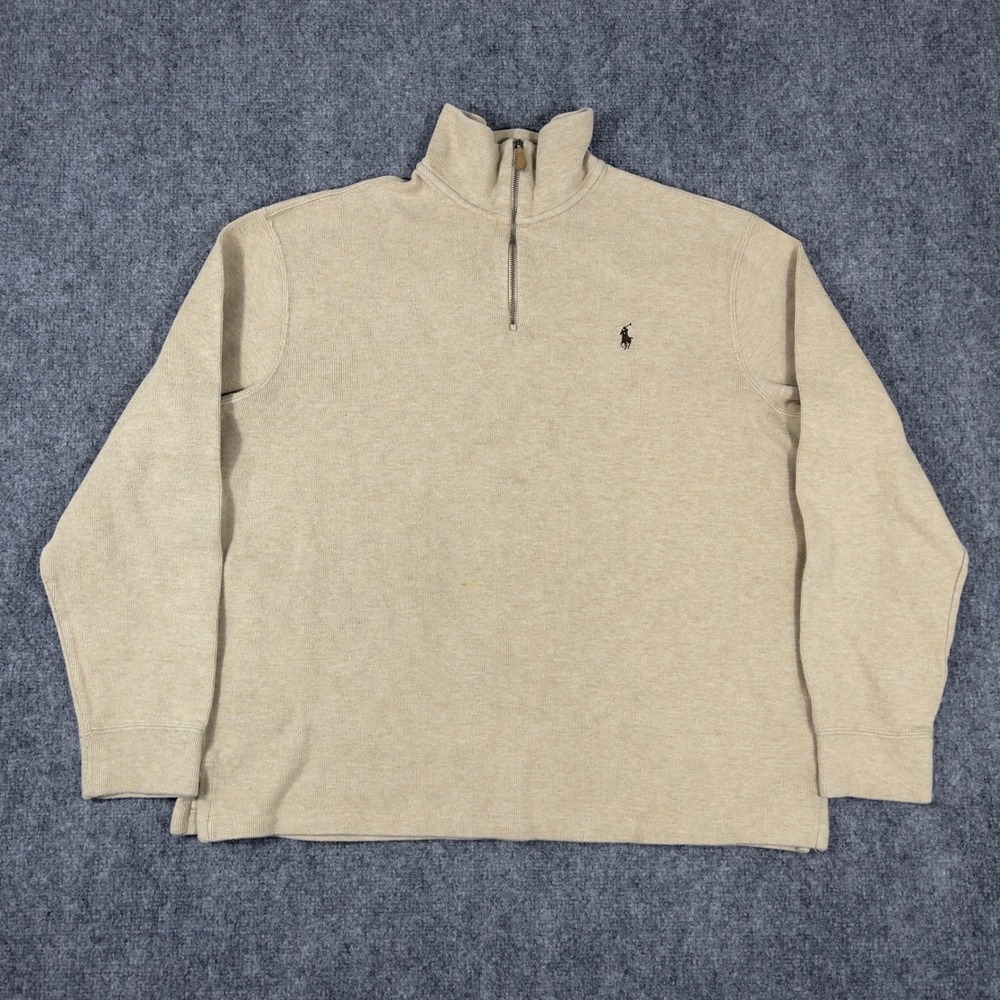 Vtg Polo Ralph Lauren Quarter Zip Pullover Mens XL Beige Cotton Knit Pony Logo